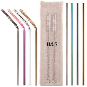H&S Trinkhalme Reusable Stainless Steel Straws - 8-Piece Set with Brushes and Bag