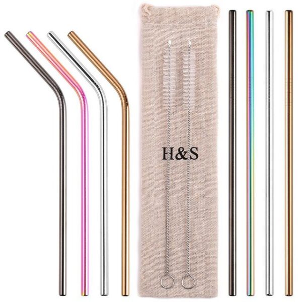 H&S Trinkhalme Reusable Stainless Steel Straws - 8-Piece Set with Brushes and Bag