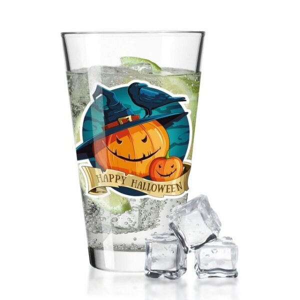 GRAVURZEILE Glas Wasserglas mit UV-Druck - Happy Halloween Kürbis Design