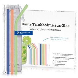 wisefood Trinkhalme Glas Trinkhalm Set bunt: 14 Halme + 2 Bürsten