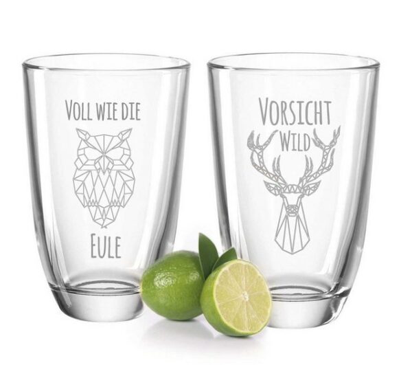 GRAVURZEILE Cocktailglas 2er Set GIN-Gläser mit Gravur - Volll wie die Eule + Vorsicht Wild!