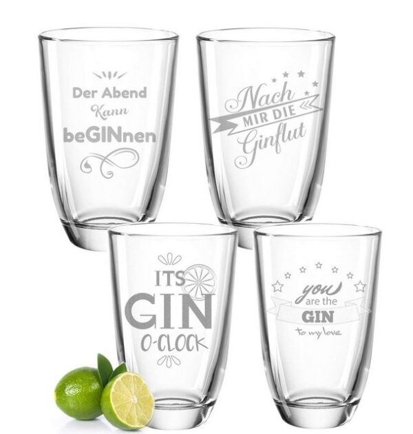 GRAVURZEILE Cocktailglas 4er Set GIN-Gläser - Nach mir die GINflut & Der Abend kann beGINnen