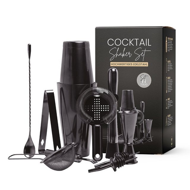 ShakeIn Cocktail Shaker SHAKEIN Cocktail Set 12-teilig Edles Cocktail Shaker Set in Schwarz Großes Cocktail Mix Set 750ml Boston Shaker aus Edelstahl Cocktailshaker Barkeeper Set Bar Zubehör Shaker Cocktail Set