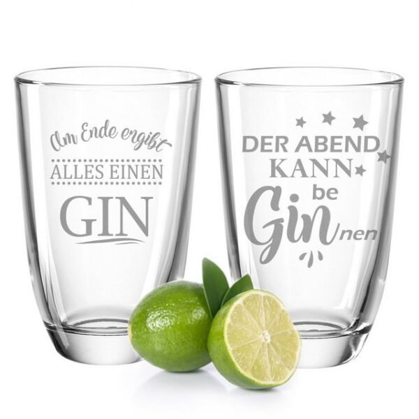 GRAVURZEILE Cocktailglas 2er Set - Der Abend kann beGINnen & Am Ende ergibt alles einen Gin